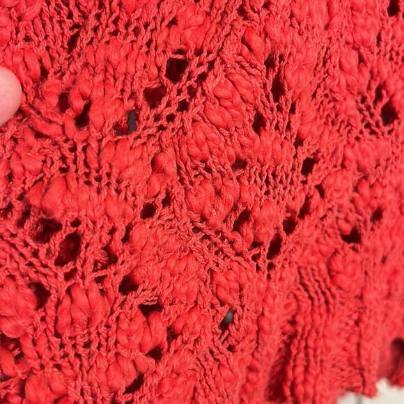 LUCKY  BRAND Size Small Open Crochet Pink Coral Tunic Sweater V-Neck Jewel Tone - Picture 2 of 6